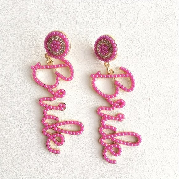 Rose Red / White BRIDE Design With Rice Beads Decor Dangle Earrings Bohemian - Picture 1 of 5